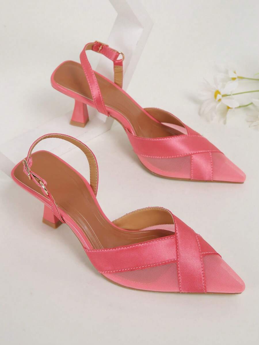 Women's Simple Nude See-Through Mesh Heels & Crossed Satin High Heels, Perfect For Summer Outdoor And Daily Wear - Dusty Pink - View 1
