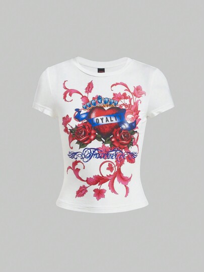 Floral & Letter Graphic Crop Tee