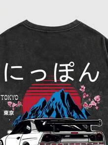 ROMWE MEN Anime Men Car & Letter Printed T-Shirt - Black - View 3