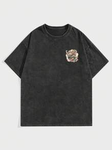 ROMWE MEN Anime 男士龍印花圓領T恤，適用於春夏休閒穿著 - 黑色 - 查看 2