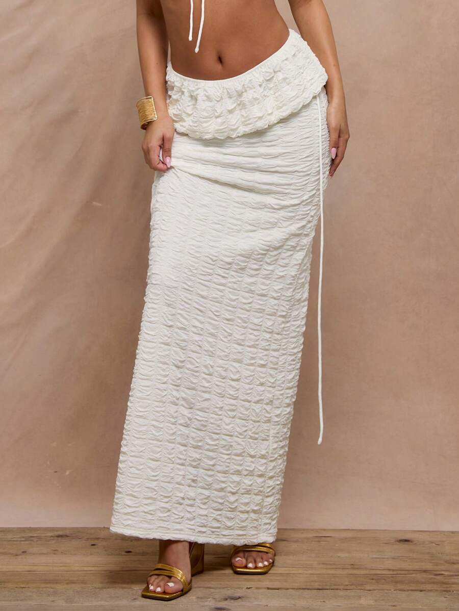 MUSERA Textured Folded Waist Maxi Skirt Summer Boho, Elegant, Holiday - Beige - View 1