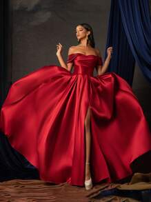 Smilprince 优雅露肩收腰开衩长款晚礼服 - 胸围偏小 - 紅色 - 查看 2