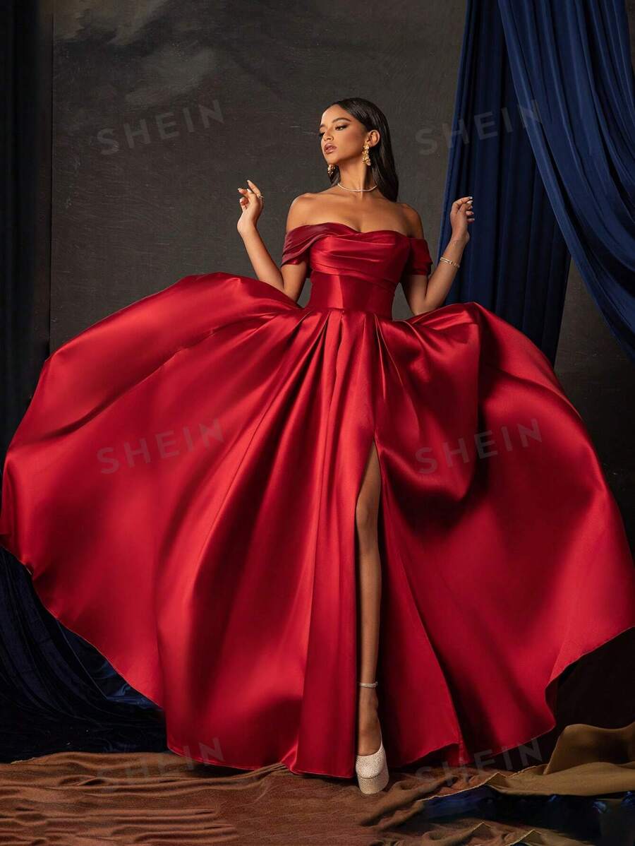 Vestido de noche largo, glamoroso y elegante de Smilprince con hombros descubiertos, cintura ceñida y bajo con abertura, advertencia: el busto es pequeño