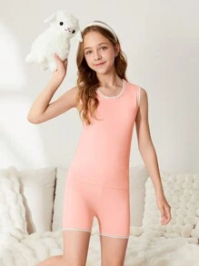 Tween Girl Contrast Trim Round Neck Top And Shorts Casual Underwear Set