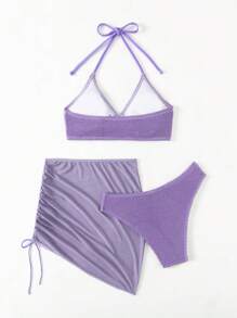 SHEIN Swim Summer Solid Texture Drawstring Ruched Swimwear, 3pcs/Set - Purple - View 2