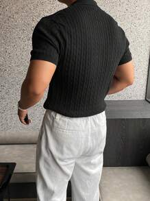 Men Plain Simple Casual Short Sleeve Knitted Top - Black - View 3