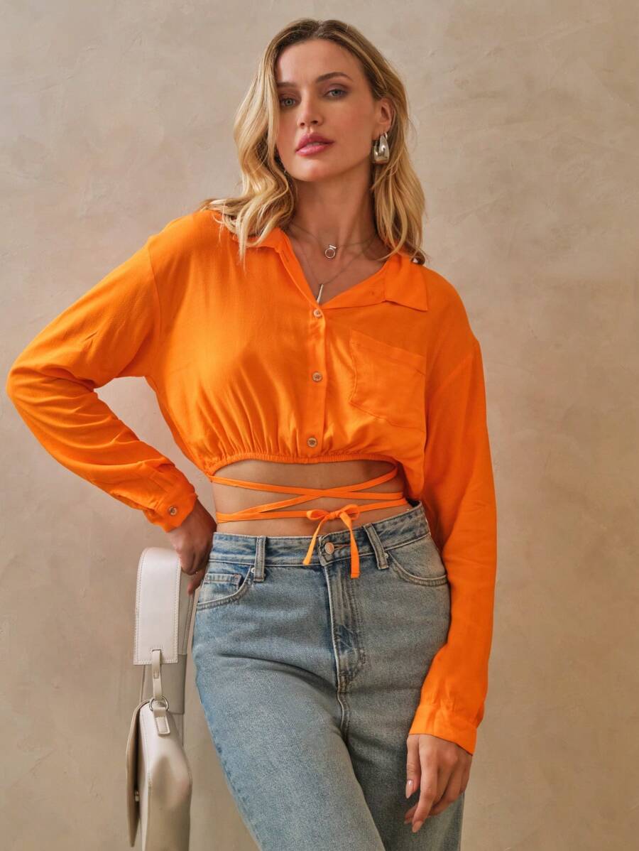 Shein Camisa Feminina Viscose Manga Longa Cropped - Coral - Visão 1