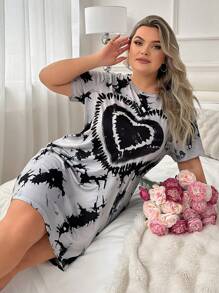 SHEIN Plus Size Heart Tie Dye Printed Pajama Night Dress - Black and White - View 3