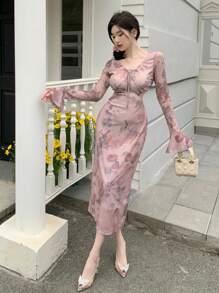 DAZY Đầm midi in hoa cổ buộc nơ phía trước phong cách ngày lễ mùa hè cho nữ Đầm dạ hội tay loe - Hồng - Xem 7