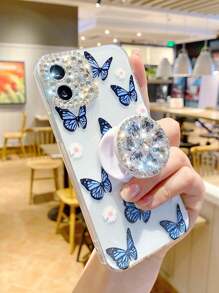 Phone Holder With Phone Charm Summer Butterfly Pattern Phone Case With Stand-Out Phone Grip Compatible With IPhone15/15Plus/15Pro/15Promax