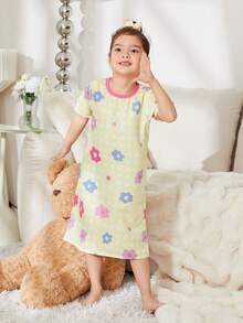 年輕少女可愛的方格紋短袖睡衣連花印圓領設計 - 黃色 - 查看 3