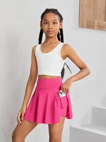 SHEIN Tween Mädchen Sportkleidung Set, Bestehend Aus Einfarbigem Westen Und Rock Mit U-förmigem Ausschnitt, Kreuzt Am Taillenbereich (mit Enganliegender Shorts, Um Das Herausblitzen Zu Verhindern)