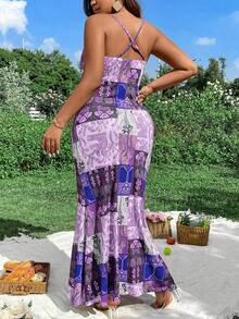 Flirla Plus Size Nữ Vintage & Thanh Lịch In Hoa Hở Lưng Spaghetti Dây Nàng Tiên Cá Viền Kỳ Nghỉ Hè Đầm - Màu tím - Xem 2