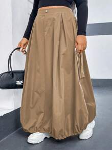 Flirla 加大號數按鈕裝飾口袋實用裙,鬱金香邊緣 - 卡其色 - 查看 3