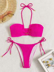 SHEIN Swim Summer Beach Textured Halter Neck Bikini Set - Hot Pink - View 4