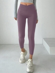 DAZY 女式時尚純色舒適貼身緊身褲 - 紫色 - 查看 5