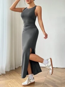 SHEIN EZwear 女士純色無袖修身連衣裙，帶褶皺和側開叉設計 - 灰色 - 查看 5