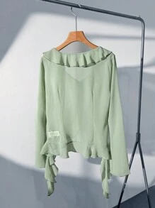 Firerie 女士绿色不对称荷叶边浪漫度假超长袖衬衫 - 綠色 - 查看 3