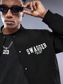 Manfinity VCAY Men's Woven Baseball Collar Casual Jacket With Letter Print, For Fall Winter - Black - View 3