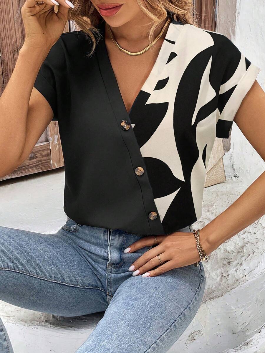 EMERY ROSE 女式v領鈕扣設計印花拼接短袖休閒襯衫 - 彩色 - 查看 1