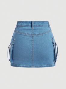SHEIN PETITE Women's Casual Denim Mini Skirt With Pockets - Blue - View 2