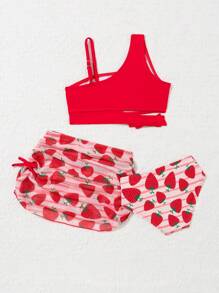 SHEIN 年輕女孩實色上衣＆草莓印花底部泳裝套裝 - 紅色 - 查看 2