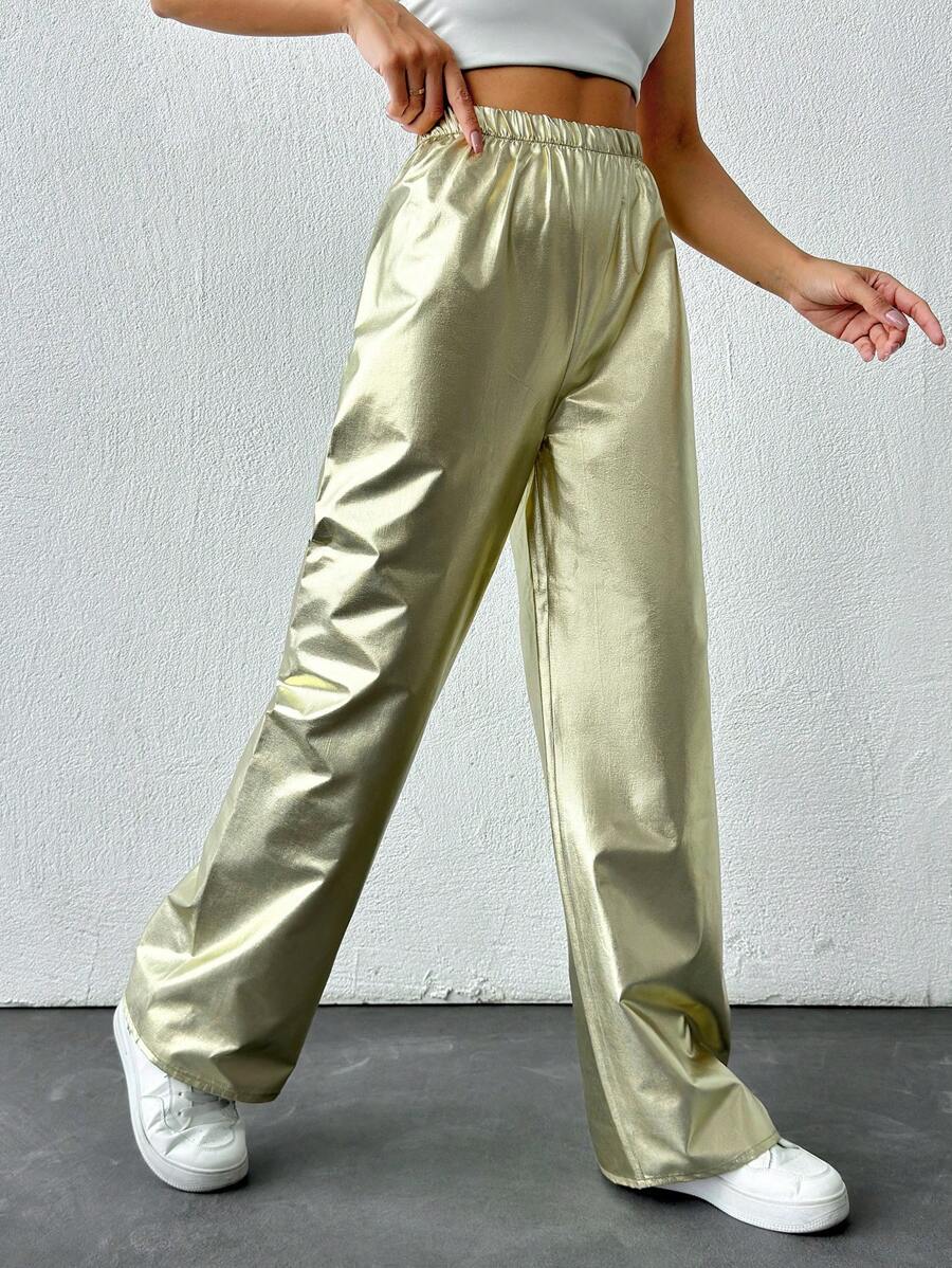 EURMUSE Women's Metallic Elastic Waist Straight Pants - Gold - View 1