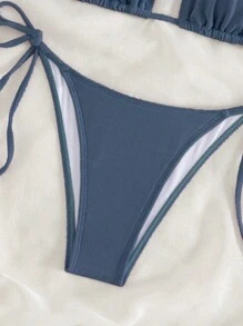 SHEIN Swim Bộ bikini hai mảnh đi biển mùa hè màu trơn - Màu xanh bụi bặm - Xem 5