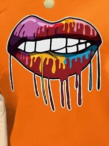 INAWLY 大尺寸女性嘴唇印花圓領短袖休閒t恤,夏季必備 - 橘色 - 查看 3