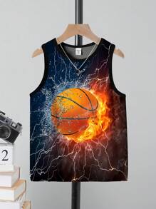 Camiseta sin mangas de cuello redondo y básica con impresión de baloncesto para un look deportivo y casual de verano para niños jóvenes - Multicolor - Ver 1