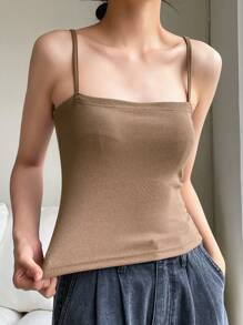DAZY Chất rắn Đan Xương sườn Cami ngọn - Màu Khaki - Xem 3