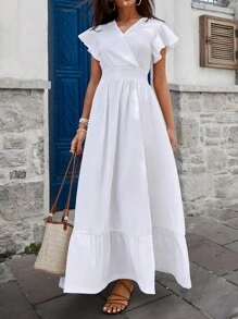 RueChic Women's Textured Butterfly Sleeve Waist Tie Wrap Ruffle Hem Maxi Holiday Dress