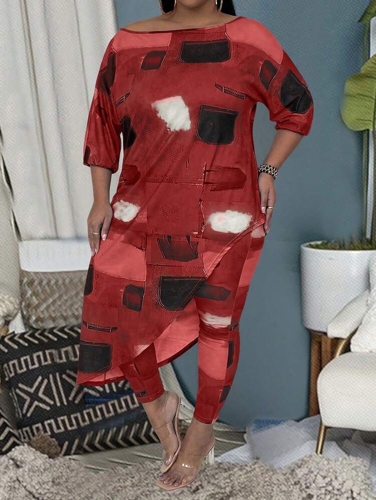 Plus Size Women's Brush Printed Two Pieces Set With Asymmetric Hem Three Quarter Sleeve Top And Pants For Casual Wear