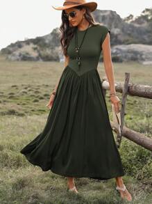 SHEIN LUNE Vestido casual largo de manga corta con cuello redondo para mujer, atuendo maxi de verano para mujeres - Verde militar - Ver 4