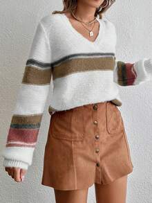 EURMUSE Color Block V Neck Drop Shoulder Sweater - Multicolor - View 4