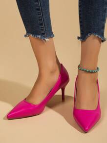 Women's Fashion Casual Outdoor Stiletto Kitten Heel Solid Color Synthetic PU Court Shoes Pointed Toe High Heels - Hot Pink - View 2