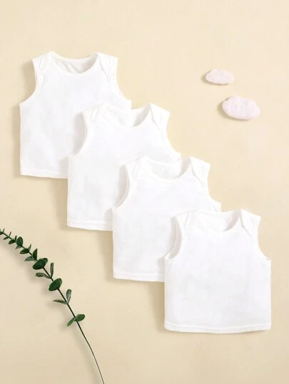 SHEIN Newborn Baby Boy's Plain Knitted Soft Casual Round Neck Sleeveless Overlap Top 4pcs Set