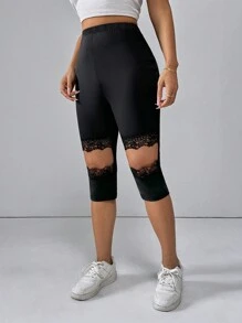 SHEIN Essnce 女士夏日休閒拼接花邊空心3/4 7分褲 - 黑色 - 查看 4