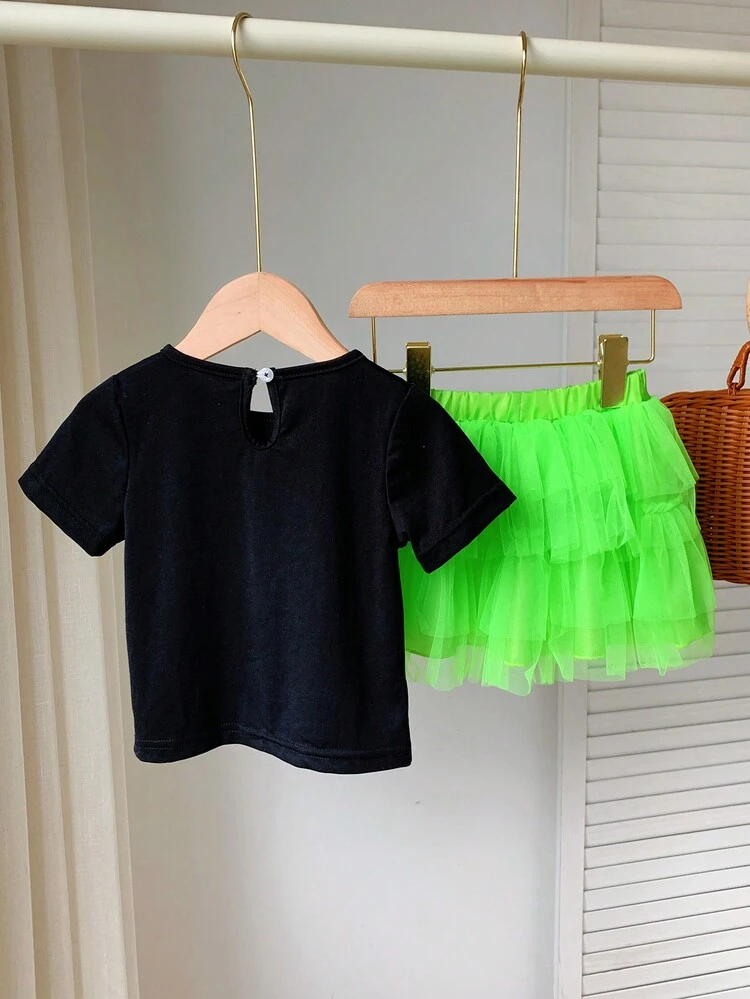 2pcs/Set Baby Girl Casual Street Style Sporty Fun Colored Letter Print T-Shirt And Fluorescent Mesh Skirt Set, Spring And Summer Outfits