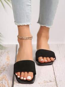 Women Single Band Open Toe Slide Sandals, Elegant Solid Outdoor Faux Suede Flat Sandals - Black - View 3