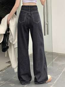 Dazy Designer Women's Solid Color Zipper Fly Wide Leg Denim Pants