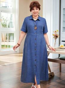 EMERY ROSE Plus Size Women's Short Sleeve Solid Color Shirt Dress For Summer - Blue - View 5