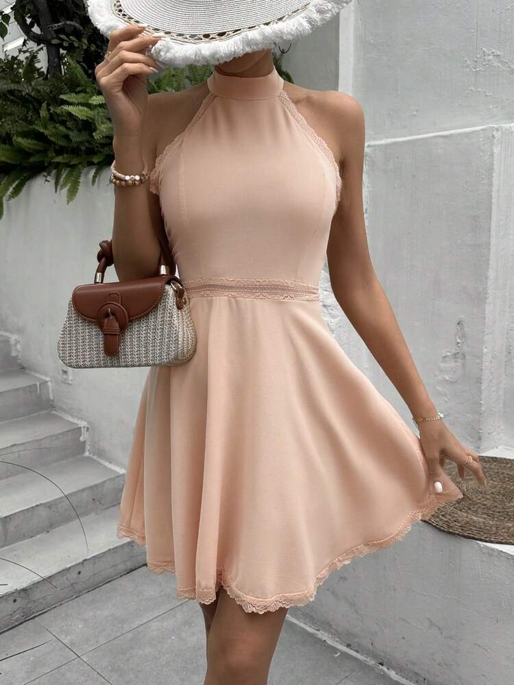 Women's Fashionable Summer Solid Color Open Shoulder Lace Patchwork Dress