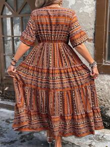 Breezaya Đầm xòe tay ngắn in họa tiết hoa phong cách nghỉ mát mùa hè Boho cỡ lớn cho nữ - Màu vàng - Xem 2