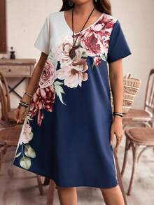 EMERY ROSE 大尺碼女士夏季休閒色塊花卉印花V領母親節 - 彩色 - 查看 4