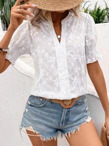 SHEIN LUNE Của phụ nữ Thêu hoa Cổ áo có khía Ngắn tay Áo sơ mi - trắng - Xem 3