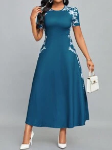 SHEIN Lady 女式波西米亞植物印花拼布連身裙 - 彩色 - 查看 1