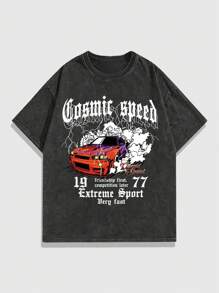 ROMWE MEN Street Life 男士復古賽車短袖t卹,水洗效果,適用於春夏日常穿著 - 黑色 - 查看 1