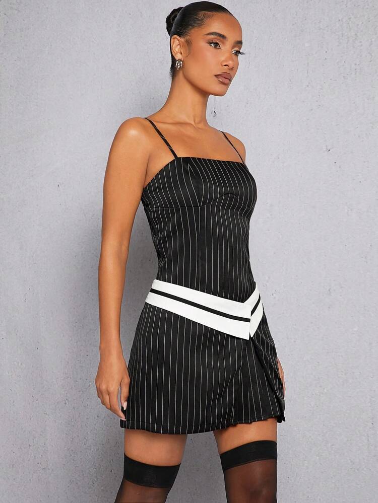 Pinstripe Contrast Waist Split Dress