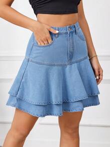 SHEIN Tall High Waisted Ruffle Hem Denim Skirt - Light Wash - View 4